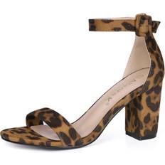 Allegra K Women's Ankle Strap Block Heel Leopard Brown Sandals