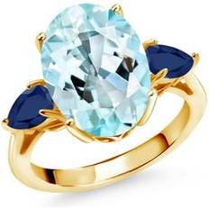 Gray - Solitaire Rings Gem Stone King Gem Stone King 7.18 Ct Oval Sky Blue Topaz Blue Sapphire 18K Yellow Gold Plated Silver 3-Stone Engagement Ring