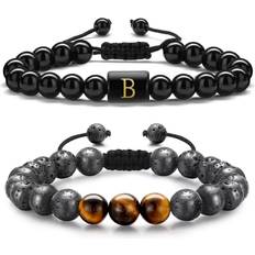 Bracelets STORUP Initial Bracelet for Men, 8mm Tiger Eye Lava Rock Obsidian Stone Mens Handmade Adjustable Anti Anxiety Beads Bracelets for Men Meaningful Letter Bracelet Father's Day Gifts for Dad Husband Men B