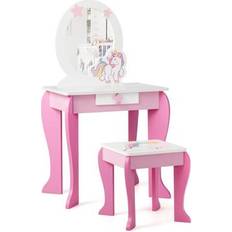 Costway Wooden Makeup Dressing Table and Chair Set with Mirror