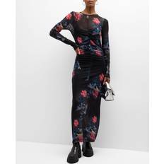 Women's Ruched Floral Mesh Maxi Dress Black