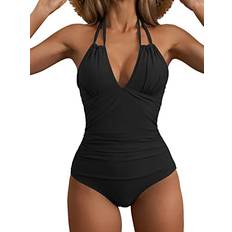 Women's One Piece Swimsuits Tummy Control Halter Slimming Bathing Suit  Plunge 1 Piece Swimsuit For Woman