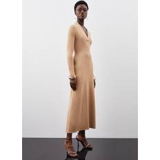 Karen Millen Viscose Blend Knit Midaxi Dress With Shawl Collar Camel