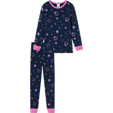 Schiesser Girl's Long Fine Rib Organic Cotton Cuffs Space Pajamas - Dark Blue