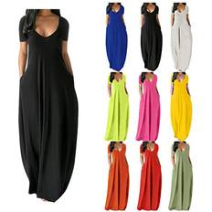 L - Long Dresses - Men N Manheat Dress for Women Casual Maxi Dresses V-Neck Short Sleeve Plus Loose Long Dress with Pockets Black