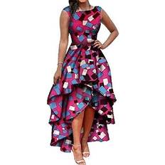 Midi Dresses - Sportswear Garment Yeshire Womens African Print Sleeveless High Low Dashik Formal Prom Peplum Flare Midi Party Dress Purple