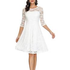 Midi Dresses - Sportswear Garment JASAMBAC White Lace Dress for Women Elegant Fit and Flare Cocktail Formal Dresses for Wedding Guest White