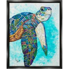 Stupell Industries Bold Aquatic Sea Turtle Pebbled Collage Patterns Aqua/Green/Black Framed Art 17x21"