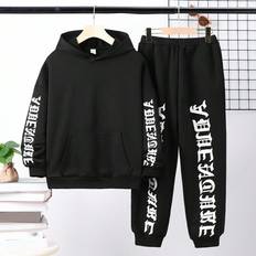 Shein Kids HYPEME Tween Boy Letter Graphic Kangaroo Pocket Hoodie & Sweatpants