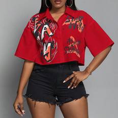 Shein Red Clothing Shein Women's Drop Shoulder Letter Print Cropped Shirt