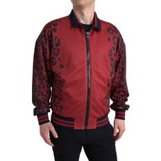 Dolce & Gabbana Red Jackets Dolce & Gabbana Red Leopard Polyester Bomber Full Zip Jacket IT52