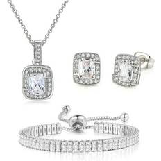White Jewelry Sets Paris Jewelry 18K White Gold Created White Sapphire Princess Halo Pendant Necklace. Earrings and Tennis Bracelet Jewelry Set Plated