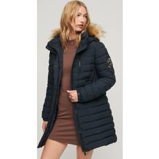 Superdry Damen - Winterjacken Superdry Damen Marineblau Fuji Steppmantel in Mittlerer Länge mit Kapuze, Größe: Marineblau