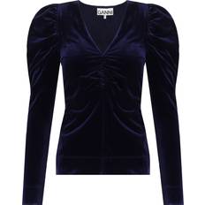 Velvet Blouses Ganni Long Sleeve Blue Velvet Jersey V-neck Blouse in Navy Recycled Polyester/Spandex Women's