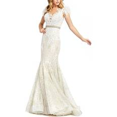 Mac Duggal White Dresses Mac Duggal Embellished Feather Cap Sleeve Illusion Neck Trumpet Gown Ivory Nude