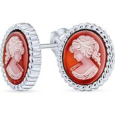 Brown - Silver Earrings Vintage Victorian Style Women Portrait Terracotta White Oval Carved Cameo Stud Earrings 925 Sterling Silver