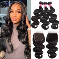 Black Stick Hair Extensions Brazilian Body Wave Virgin Hair 3 Bundles with Closure