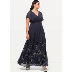 Abendkleider - Polyester Ulla Popken Floral Chiffon Layered Cap Sleeve Gown blue