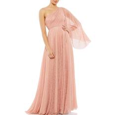 Pink - Women Dresses Mac Duggal Lace One Shoulder Illusion Sleeve A Line Gown - Salmon