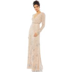 Evening Gowns - Silver Dresses Mac Duggal Sequined Floral Embellihsed Long Sleeve Gown