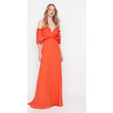 Lange Kleider - Orange Trendyol Collection Abendkleid aus Chiffon mit Sonnenblumen-Futter TPRSS22AE00047
