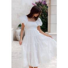 Midi Dresses Annette Puff Sleeve Shirred Midi Dress White