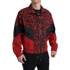 Dolce & Gabbana Red Sweaters Dolce & Gabbana Red Leopard Nylon Full Zip Men's Sweater