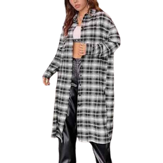 Shein Polyester Outerwear Shein Coolane Women's Long Plaid Coat With Letter Printed, Autumn And Winter