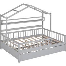 Storage Option Extendable Beds Bed Bath & Beyond Wooden Full Size House Bed with Twin Size Trundle Kids Bed with Shelf 57.8x77.6"