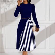 Shein Blue - Women Dresses Shein Striped Pattern Long Sleeve Belted Dress Belt Not Included