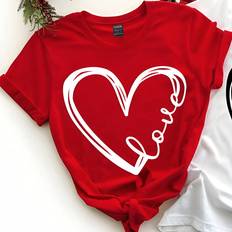 Shein Red T-shirts Shein Artistic Heart Shaped Valentine'S Day Print Ladies' Casual T-Shirt