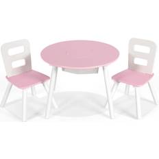 Costway Kids Wooden Round Table & 2 Chair Set Center Mesh Storage Pink
