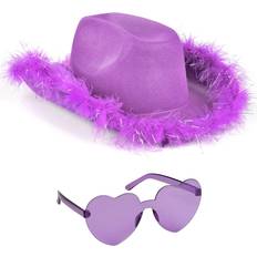 Headgear FUNCREDIBLE Purple Cowgirl Hat with Glasses Halloween Cowboy Hat with Feathers Cow Girl Costume Accessories Fun Bride Western Rodeo Party Hats and Goggles for Women, Girls and Kids