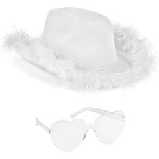 Headgear Funcredible White Cowgirl Hat with Heart Glasses White Cowboy Hat with Fur Rim Halloween Cow Girl Costume Accessories Fun Rodeo Party Hats and Goggles for Women, Girls and Kids