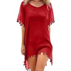 Red Swimsuit Cover-Ups & Sarong Wraps Women's Chiffon Beach Swim Cover-up with Tassels RED