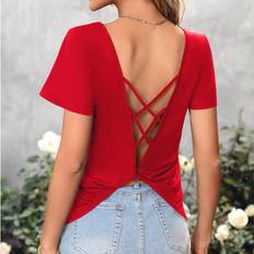 Shein Red Clothing Shein Cross Back Short Sleeve T-Shirt