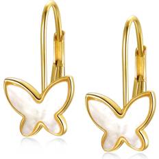 Gold - Women Earrings Rachel Glauber 14k Yellow Gold With Mother Of Pearl Butterfly Inlay Dangle Drop Leverback Earrings