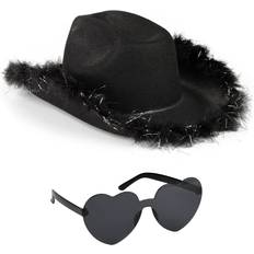 Headgear Funcredible Black Cowgirl Hat with Heart Glasses Black Cowboy Hat with Fur Rim Halloween Cow Girl Costume Accessories Fun Rodeo Party Hats and Goggles for Women, Girls and Kids