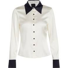 Alice + Olivia Willa Contrast Trim Stretch Silk Button-Up Shirt - Off White/Black