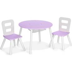 Costway Kids Wooden Round Table & 2 Chair Set Center Mesh Storage Purple