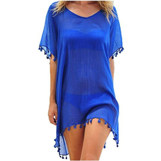 Blue - Women Swimsuit Cover-Ups & Sarong Wraps Women's Chiffon Beach Swim Cover-up with Tassels BLUE