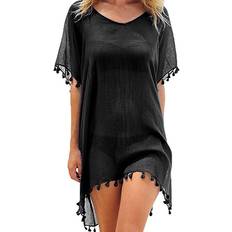 S Swimsuit Cover-Ups & Sarong Wraps Women's Chiffon Beach Swim Cover-up with Tassels BLACK