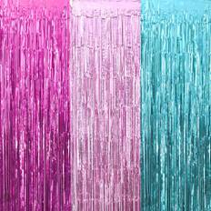 Doorway Party Curtains Surprise Party Decorations Fuchsia Pink Aquamarine Fringe Curtains Party Decorations Foil Curtain Photo Booth Pink Birthday Decorations 3 Pack 3.2 X 6.6 ft