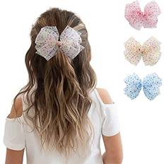 Children Hair Clips Summer Crystal 3Pcs Dotted Tulle Large Bow Hair Clip