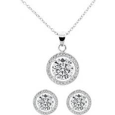 White Jewelry Sets Paris Jewelry 18K White Gold Created White Sapphire 4Ct Halo Round Set Necklace and Earrings Plated
