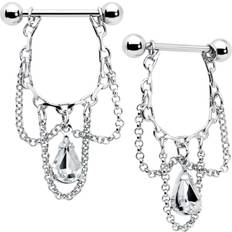 Body chains Body Candy Stainless Steel Clear Teardrop Chain Dangle Nipple Ring Set of Gauge 5/8"