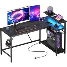 Bestier Gaming Desk with Power Outlet & USB Ports, Reversible Small L Shaped Computer Desk with LED Strip & Headset Hooks for Home Office 58" - Carbon Fiber Black