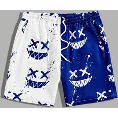 Shein Men - White Shorts Shein Men'S Casual Drawstring Pocket Shorts With Fun Face Design In Blue & White, Suitable For Daily Wear