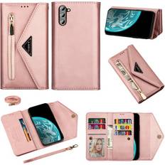 Wallet Cases Jiahe Cover for Samsung Galaxy A13 5G Wallet Case with Card Holder Envelope Book Design Leather Flip Protective Stand Feature Magnetic Zipper Clutch Purse with 7 Card Slots Strap for Women Rosegold