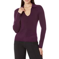 Calvin Klein Knitted Sweaters - Women Calvin Klein Rib V-Neck with Collar Aubergine Women's Clothing Purple US 8-10